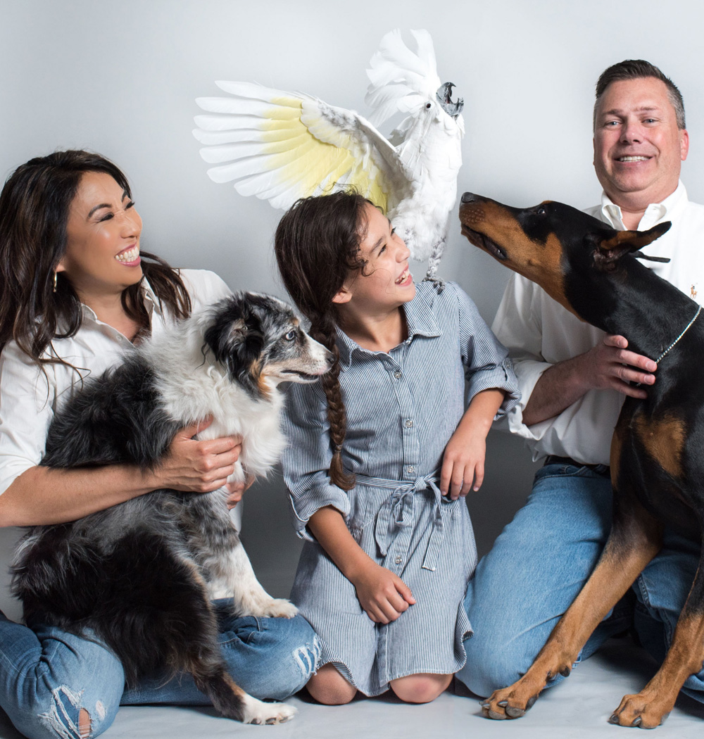 vet and pet animals - dogs and birds with owners